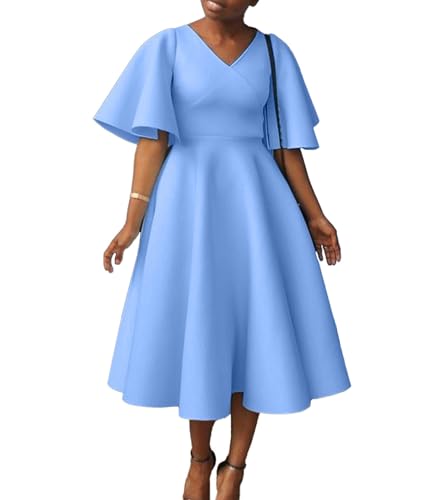 Image of SOMTHRON Women's Wrap V-Neck Ruffle Short Sleeve Midi Dress Elegant A Line Flowy Flared Cocktail Church Dress