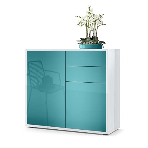 Vladon Buffet Ben, Commode avec 2 Portes et 2 tiroirs, Blanc Haute Brillance/Turquoise Haute Brillance (79 x 74 x 36 cm)