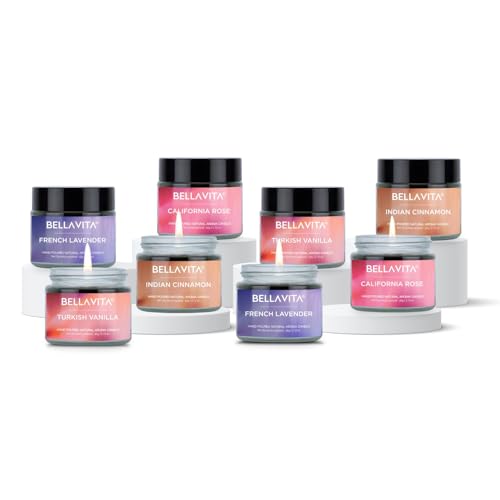 Bella Vita Organic Aroma Candles for Home Decor 4 X 60g Each, (Pack of 2) - Vanilla, Cinnamon, Lavender & Rose, Upto 15 Hours, Best Gift for Bedroom Home Decoration