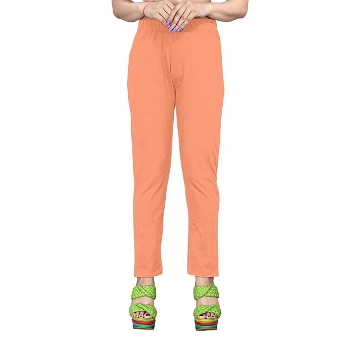 Image of Women's Solid Cotton Lycra Pants-High Waist Slim Fit Stretchable Leggings - Comfortable Long Trousers for Casual, Office & Everyday Wear