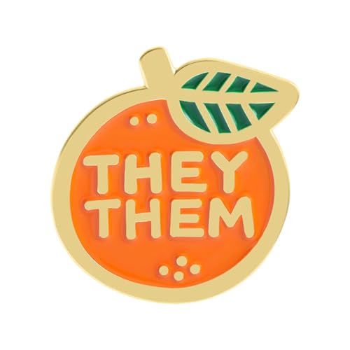 Creative Metal Pin with Oranges Design and THEY SHE/HER Pronouns for Fashion Accessory Lapel Badge Combining Oranges Symbol and 