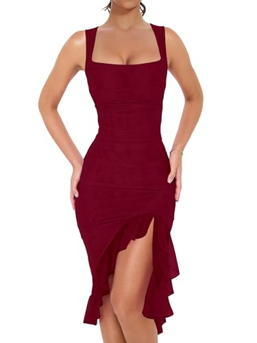 Image of BORIFLORS Women's Sexy Ruched Bodycon Midi Dresses Square Neck Sleeveless Ruffle Hem Club Party Tank Dress