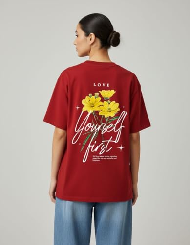 Image of Oversized Cotton T-Shirt for Women Half Sleeve - Love Yourself First Printed Tee - Breathable Loose Fit Motivational Casual Wear for College and Daily Outfits