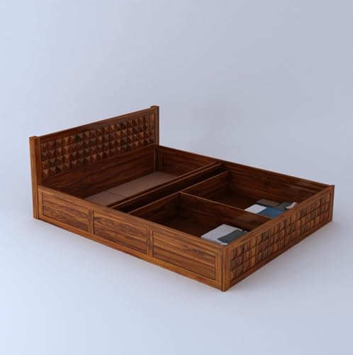 Image of Ganpati Arts Solid Sheesham Wood King Size Bed with Half Box and Front Trolly Storage for Bedroom Living Room Home | Wooden Double Bed Cot Palang Furniture for Hotel (Natural Finish)
