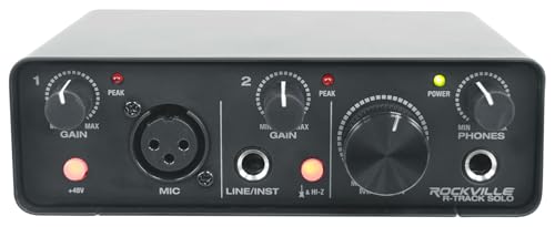 Rockville R-TRACK SOLO USB C Audio Interface 24Bit 192Khz, ASIO Drivers, Phantom Power, Low Latency, Compact Design, Perfect for Home Studio Recording and Podcasting