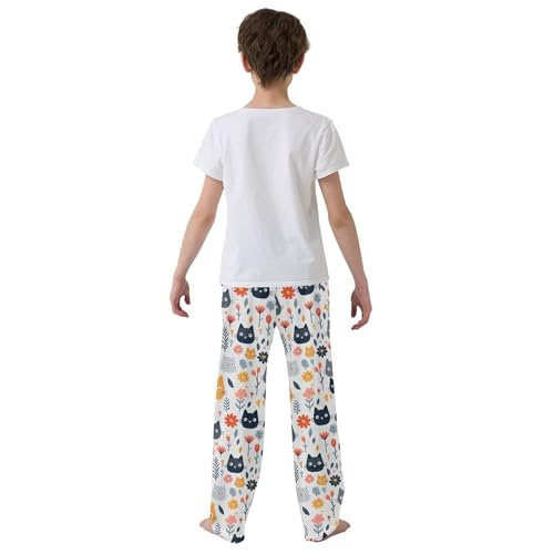 Cute Cat Flowers Long Pajama Pants Elastic Waist PJ Bottoms with Pockets S A1118854