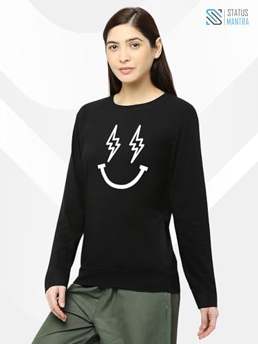 Image of STATUS MANTRA Women's Cotton Round Neck Regular Fit Sweatshirt | Full Sleeves and Smile Printed | Comfort Colour T-Shirt | Available in Multicolor & Size Small to 2XL
