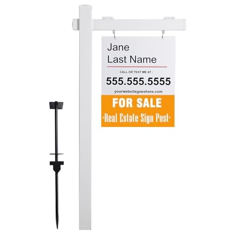 SUFUS Vinyl PVC Real Estate Sign Post 6' Tall (4"x 4"x 72"), Realtor Yard Sign Post with Flat Cap for Open House and Home for Sale, 36" Arm Holds Up to 24" Sign, White (No Sign) Cover
