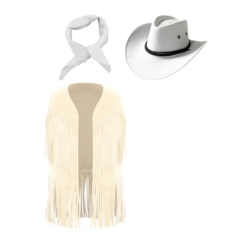 Moily Kids Girls Faux Suede V Neck Fringe Waistcoat with Cowgirls Hat Bandana Western Clothes