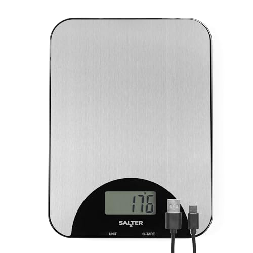 Salter Bilancia Ricaricabile in Acciaio Inossidabile – Bilancia da Cucina, Pesa Ingredienti Multipli, Misura Liquidi, Carica USB, LCD, Slim, Capacità 5kg/11lb, Per Cucinare e Cuocere al Forno, Argento