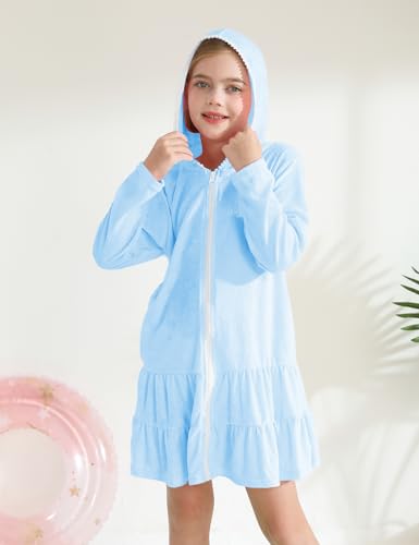 Image of Girls Swim Cover Up Kids Long Sleeve Swimsuit Coverup Terry Beach Pool Clothes with Sunglasses