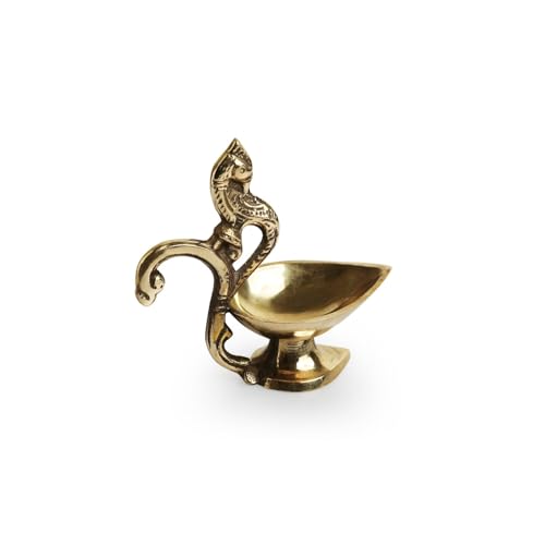 Image of ExclusiveLane 'Peacock' Brass Table Diya for Puja Room Mandir (Pure Brass, 1 Wick, 4.3 Inches, 18 ML, 0.2 Kg)| Brass Diya for Puja Room Brass Ghee Diya for Puja Aarti Diya Table Diya for Home