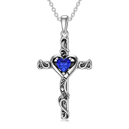 TOUPOP Birthstone Cross Necklace for Women 925 Sterling Silver Heart Cross Pendant Necklace I Love You Jewelry Anniversary Birthday Christmas Gifts for Her Mom Wife Girlfriend