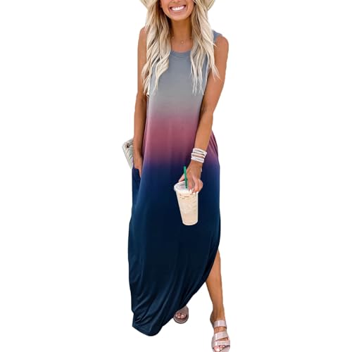 Image of FANDEE Women's Casual Summer Loose Sunresses Long Dresses Sleeveless Split Maxi Beach Dress with Pockets