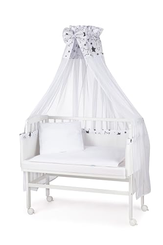 waldin Lit Cododo pour Bébé avec Matelas, Réglable en Hauteur, Bois Hêtre Massif Laqué, Grande Surface de Couchage 90 x 55 cm, Textile Blanc, Astre Gris...