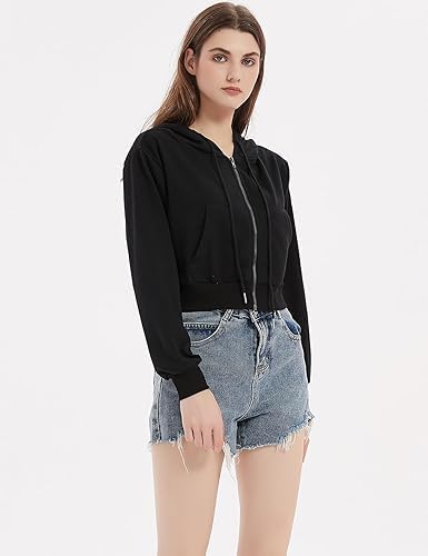 Image of Casual Wear Solid Crop Zipper Jacket Hooded Neck Full Sleeves with Kangaroo Pocket Hoodie for Women