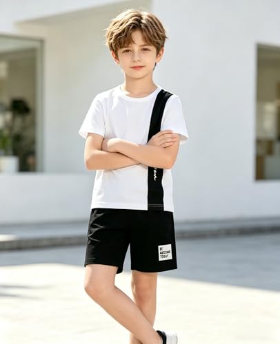 Image of Ayzozuy Boy Clothes Colorblock Top + Drawstring Waist Shorts 2 Pieces Kid Summer Outfits Set