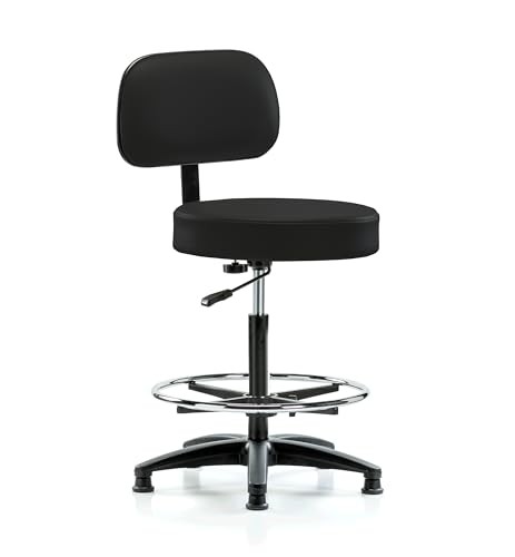 Image of Perch Stationary Walter Height Adjustable Exam Stool with Back and Foot Ring | High Bench Height 25-35 inch | Black Fabric