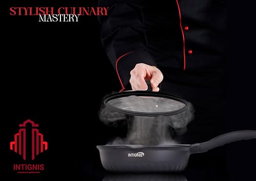INTIGNIS Premium 28 cm Deep Frying Pan with Lid | Anti-Scratch | Induction Compatible | Non-Stick Interior | Heat Resistant Handle | Perfect for Everyday Cooking (Black)