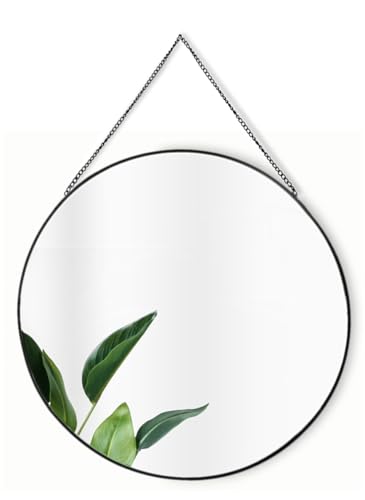 GreyZouq Grande specchio rotondo da parete in metallo con catena (50 cm) perfetto per bagno, camera da letto, corridoio e soggiorno, stile vintage contemporaneo.