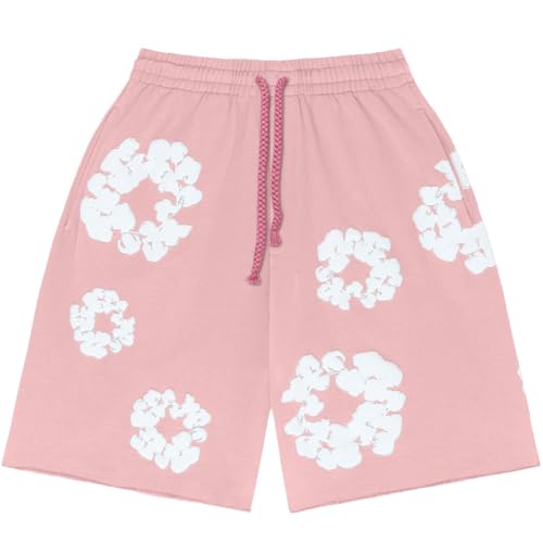 Short Homme d'Été pour Hommes Noirs, Coton Léger Imprimé Fleuri avec Poches, Style Y2K Hip Hop Streetwear pour Plage et Sport Loisir