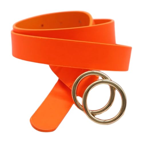 Women’s Neon Orange Color Skinny Fashion Belt – Faux Leather Waist or Hip Strap with Double Gold Circle Buckle – Size S/M2