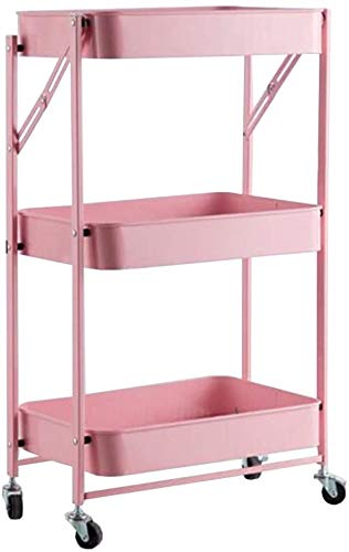 Carrito auxiliar de cocina rosa con estantes flotantes plegables para verduras y frutas