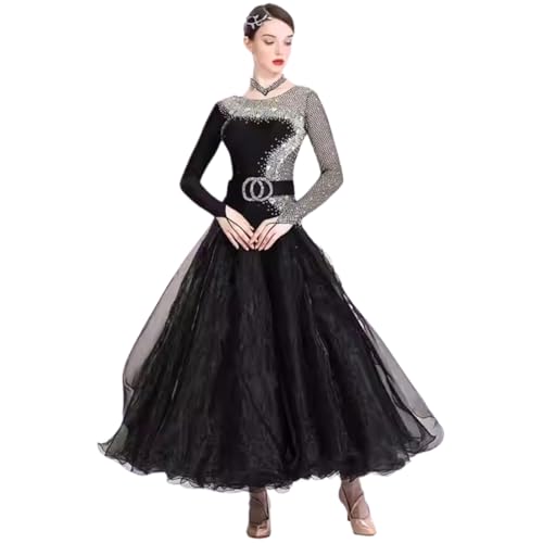 YUMEIREN Ballroom Competition Dresses for Women Performance Long Sleeve Modern Dress Party Waltz Dance Costumes(Black,XXXL)