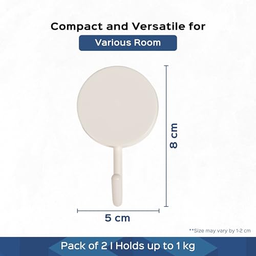 Image of HomeStrap Round Self Adhesive 2 Wall Hooks | Multipurpose Stick-On Hooks with No Screw Installation & No Wall Marks for Bathroom, Kitchen, Bedroom & Entryway Hanging Keys, Towels & Accessories