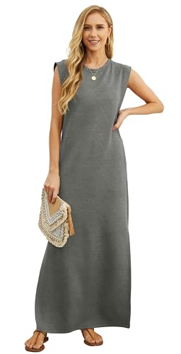 Image of GRECERELLE 2026 Women Year-Round Casual Round Neck Loose Split Wrinkle-Free Long Maxi Vacation Dress with Pockets (XXS-4XL)
