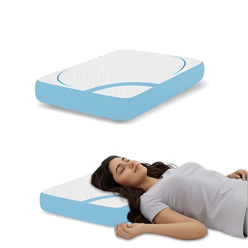 Image of Orthopedic Shredded Memory Foam Pillow, 66x38x12 cm for Neck Pain Relief, White and Sky Jacquard Cover, Aligned Spine Bedding for Side Sleeper, Breathable Supportive Cushion Unit