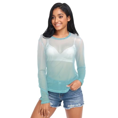Gradient Mint Green Women's Long Sleeve See Through Mesh Sheer Top