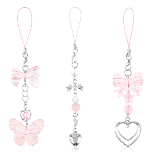 3 Pack Aesthetic Phone Charms Pink Butterfly Heart Shape Phone Charm Cute Phone Charm Y2K Cell Phone Charms for Phone Bag Purse Backpack Camera Decor
