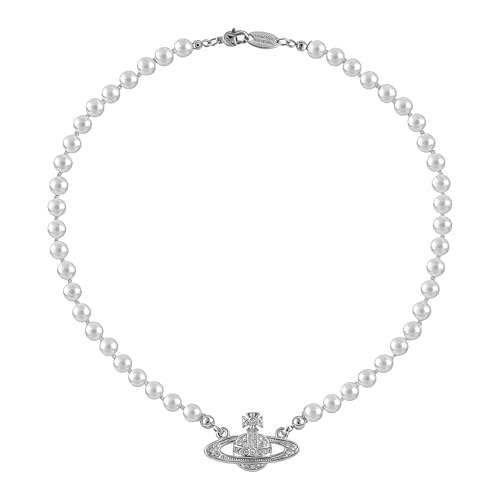 Pearl Saturn Necklace for Women Rhinestone Planet Choker Artificial Pearl Necklace Birthday Party Anniversary Ladies Wedding Charm Jewelry Gift(Silver Saturn)