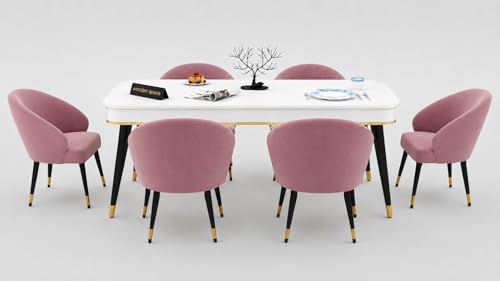 Image of WOODEN SPACE 6-Seater Wooden Dining Table Set | Nano Composite Marble Top | Solid Wood Base | Modern Dining Room Furniture with 6 Chairs (Modern Classic Pink)