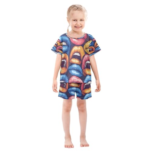Pajama Sets Short Sleeve Colorful Lips Art Pattern Soft Cotton Summer Sleepwear 2 Piece PJS Size 5-14T4