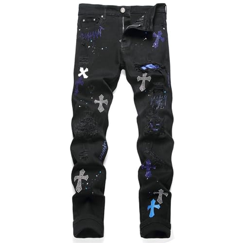 Men's Black Ripped Jeans Basic Plain Straight Men's Jeans, Embroidery Ripped Patchtrendy Stretch Slim Fit Pants,30