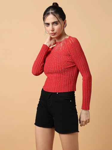 Image of ICW Women Knitted Rhinestone Embellised Daimond Studded Mesh Round Neck Long Sleeve Crop Top T-Shirt 206