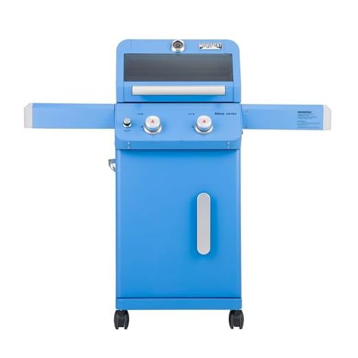 Monument Grills 2-Burner Stainless Steel Liquid Propane Gas Patio Garden Barbecue Grill with Clearview® Lid, Knob Control and Two Foldable Shelves Mesa200B, Blue