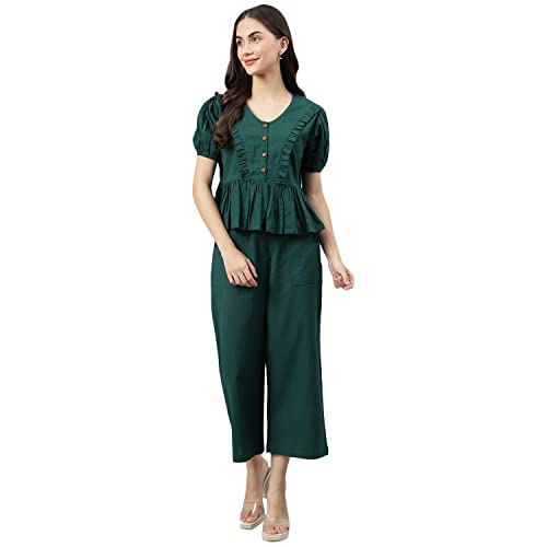 Image of DEEBACO Women's Solid Calf Length Top with Trouser|V-Neck|Short Sleeve|Cord Set for Women Cotton|Jumpsuits Western Dress for Women Stylish|Two Piece Co ord Set|Party Casual Wear(Aqua Blue)