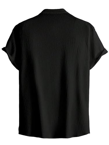 Image of Men Shirt | Black Solid Textured Casual | Regular Fit | Short Sleeve | Mandarin /Chinese Collar | Cotton Fabric | Stylish Office Summer Wear Shirt for Men