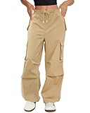 COPYLEAF Cargo Pants Women Low Waisted Parachute Pants with Pockets Loose Baggy Hiking Pants Y2K Clothes Khaki
