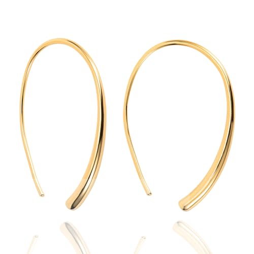 Handmade Pull Through Earrings 925 Sterling Earrings Pull Through Earrings Drop Dangle Threader Earrings for Women Trendy-Safe for Sensitive Ears（golden）