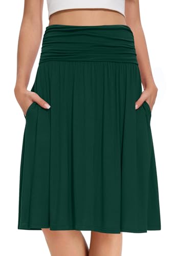 DouBCQ Midi Skirts for Women High Waist Pleated Skirts with Pockets Below Knee Length Flowy Skirt