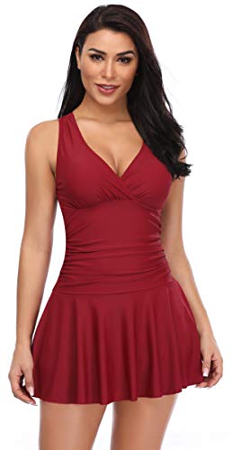 Preisvergleich Produktbild SHEKINI Damen Einteiliger Badeanzug Neckholder V-Ausschinitt Baderock Raffung Bauchweg Hinter Crossover Bademode Großer Größe Schwimmrock mit Shorts (XX-Large, Weinrot)