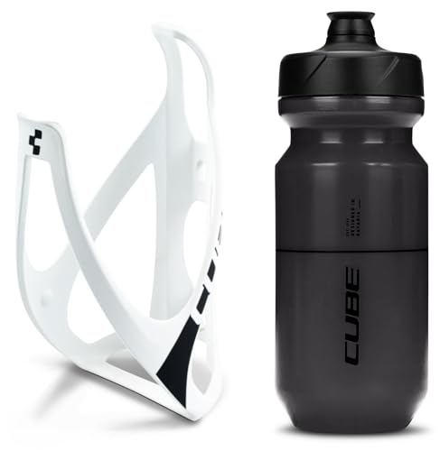 Cube HPP Cage - Matt White/Black & Flow Bottle - Black, 500ml / Water Drink Flask Vessel Bidon Holder Mount Bracket Kit Lightweight Plastic Drinking Hydration Biking Bike Riding Frame Accessories