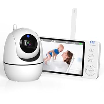 OLANENEM Baba Eletronica sem internet, 5" Monitor de Bebe, 360°, 2 Way Audio, Visão Nocturna, bateria de 10 horas, 4 Zoom, Economia de energia VOX, Canção de Ninar, Ideal para Pais Novos,110/220v
