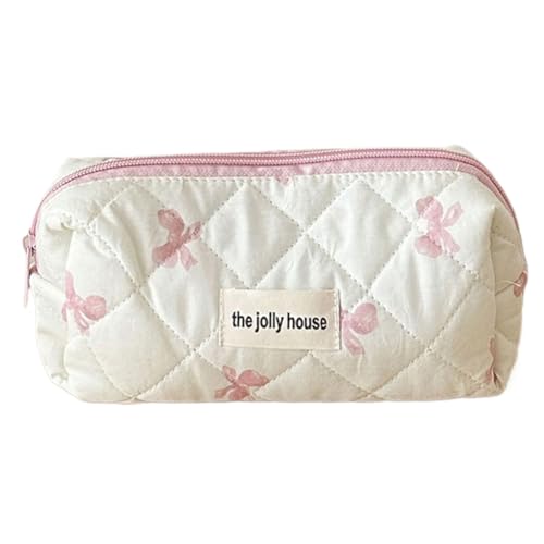 JUCHRZEY Reise-Make-up-Beutel mit niedlicher Schleife und Reißverschluss, Make-up-Organizer, Aufbewahrungstasche, Gesteppte Kosmetiktasche aus Baumwolle for Frauen und Mädchen