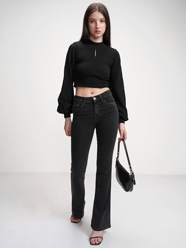 Image of Tokyo Talkies Women's Puff Long Sleeves High Neck Key Hole Crop Top | Trendy & Flattering | Perfect for Casual & Party Looks | Tops for Woman | Women Tops | Women Crop Top