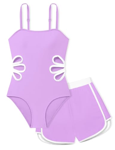 Image of Girls Swimsuit Adjustable Straps Cut Out One Piece Bathing Suit with Solid Color Cover Up Skirt Girls' Swimwear 5-16Y